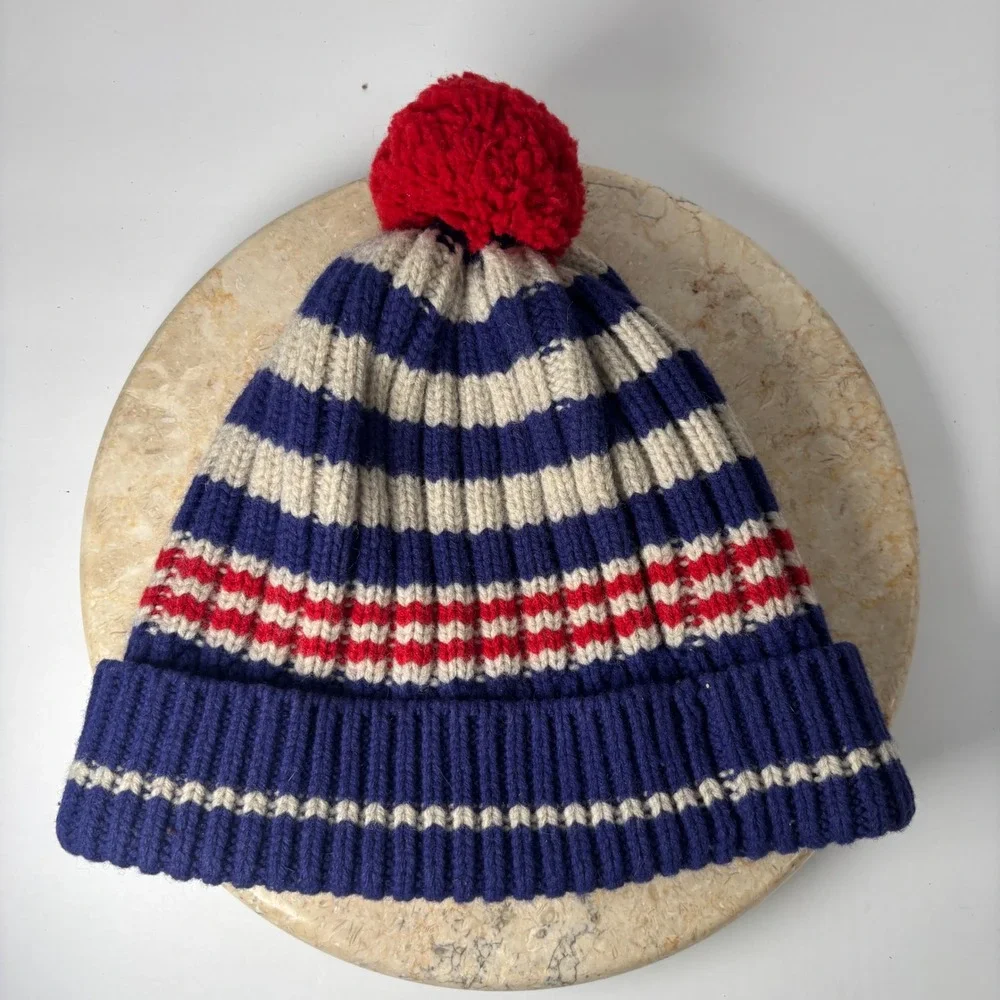 Vintage L.L. Bean Beanie OSFA Blue Striped 100% Lambswool‎ Pom Pom Winter Hat